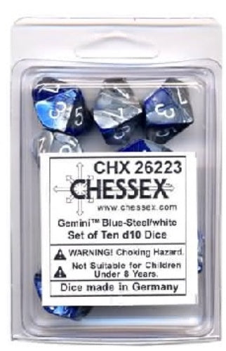 Gemini 10 * D10 Blue-Steel / White Chessex Dice (CHX26223)