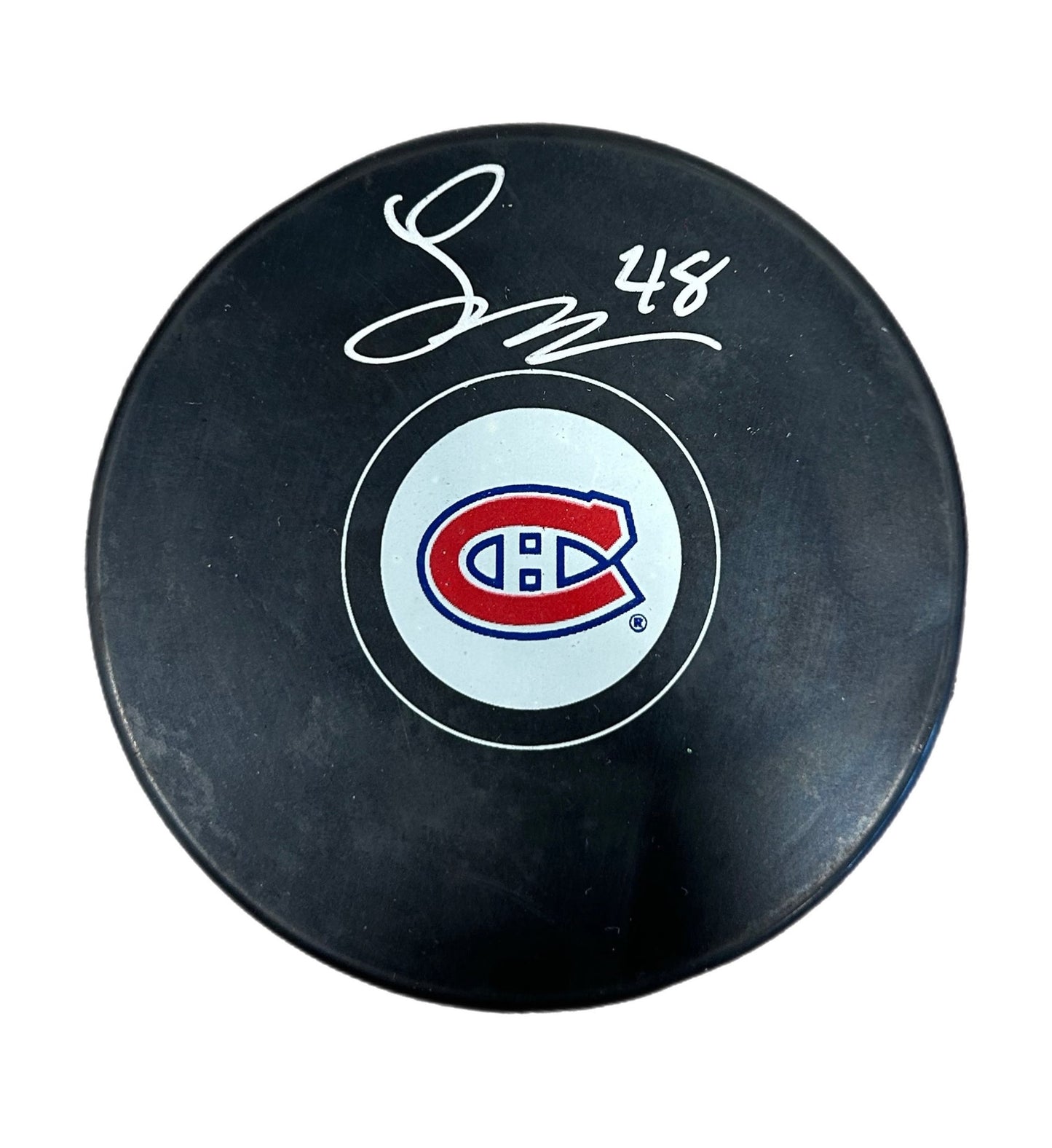 Lane Hutson Autographed Puck - Logo
