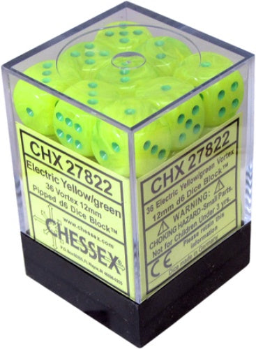 Vortex 36 * D6 Electric Yellow / Green 12mm Chessex Dice (CHX27822)