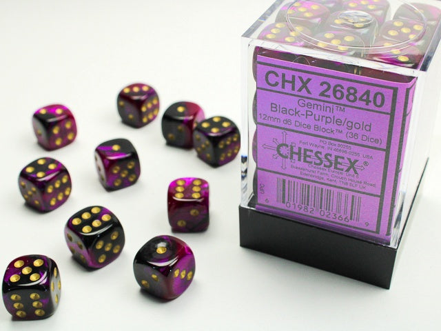 Gemini 36 * D6 Black-Purple / Gold 12mm Chessex Dice (CHX26840)