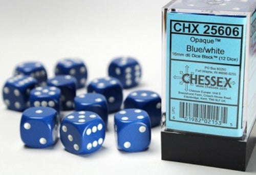 Opaque 12 * D6 Blue / White 16mm Chessex Dice (CHX25606)