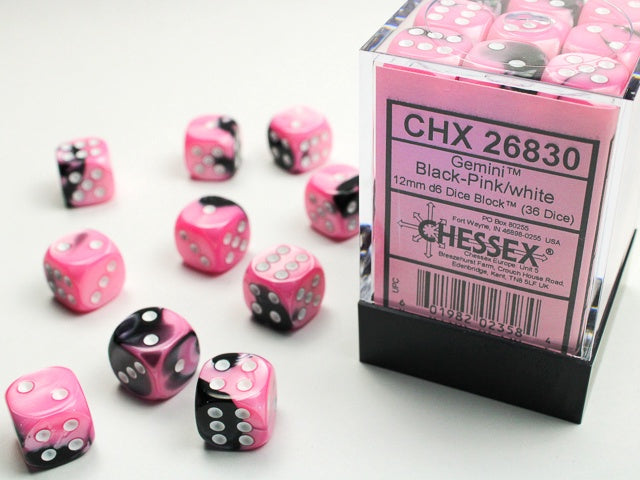 Gemini 36 * D6 Black-Pink / White 12mm Chessex Dice (CHX26830)