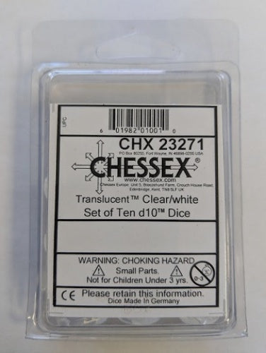 Translucent 10-Die Set D10 Clear W / White Chessex Dice (CHX23271)