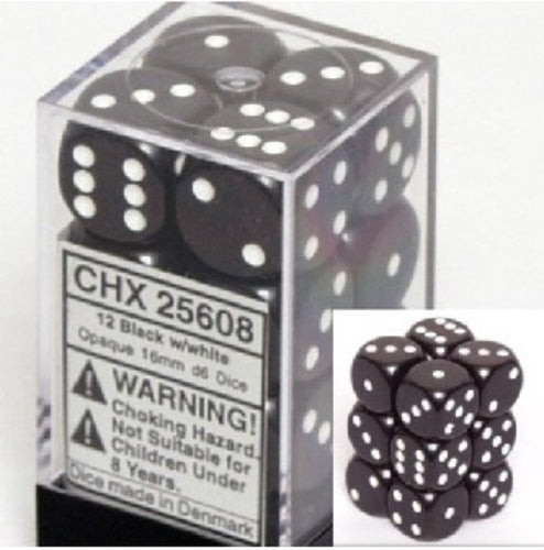 Opaque 12 * D6 Black / White 16mm Chessex Dice (CHX25608)