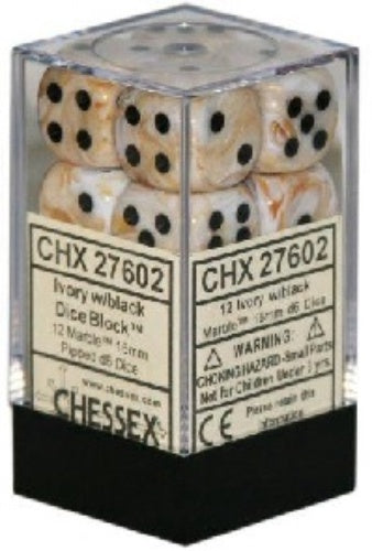 Marble 12 * D6 Ivory / Black 16mm Chessex Dice (CHX27602)