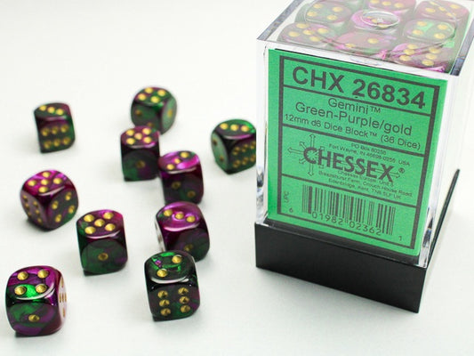 Gemini 36 * D6 Green-Purple / Gold 12mm Chessex Dice (CHX26834)