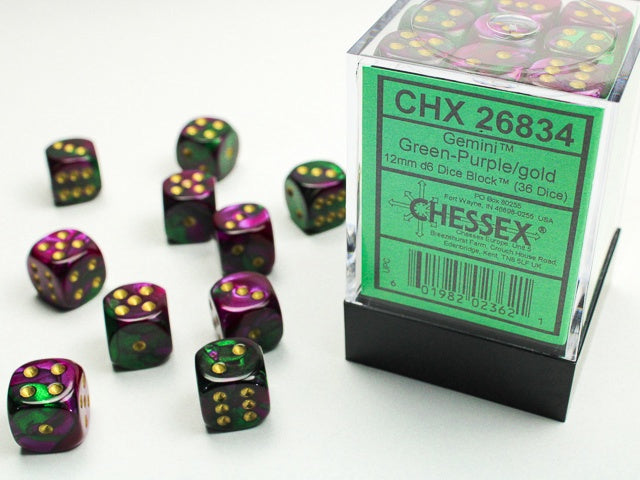 Gemini 36 * D6 Green-Purple / Gold 12mm Chessex Dice (CHX26834)