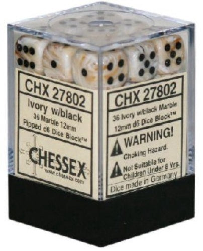 Marble 36 * D6 Ivory / Black 12mm Chessex Dice (CHX27802)