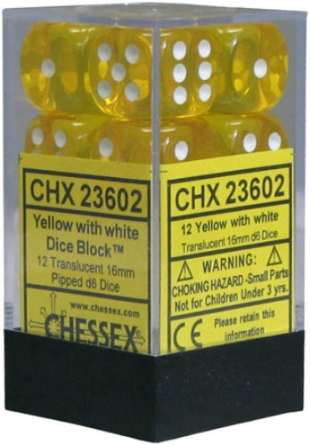 Translucent 12 * D6 Yellow / White 16mm Chessex Dice (CHX23602)