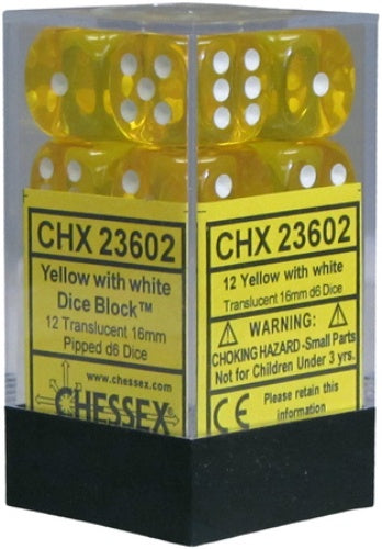 Translucent 12 * D6 Yellow / White 16mm Chessex Dice (CHX23602)