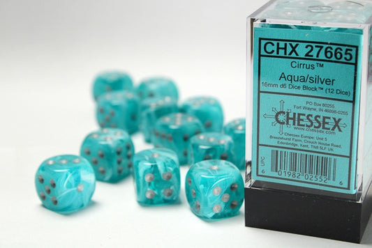 Cirrus 12 * D6 Aqua / Silver 16mm Chessex Dice (CHX27665)