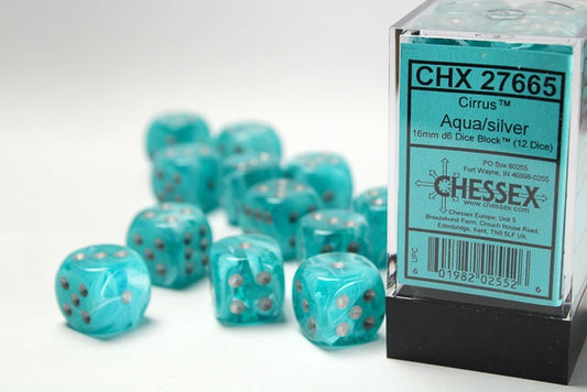 Cirrus 12 * D6 Aqua / Silver 16mm Chessex Dice (CHX27665)