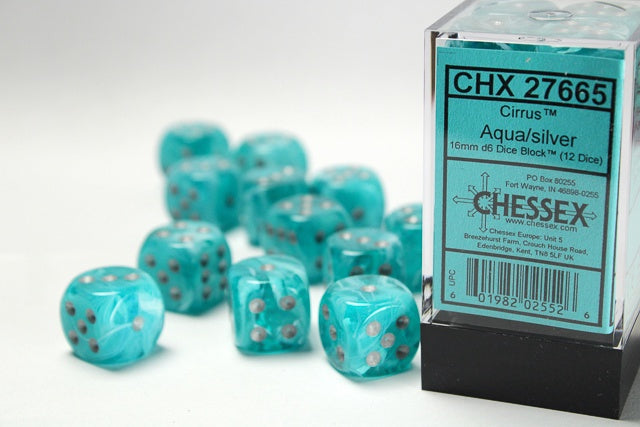 Cirrus 12 * D6 Aqua / Silver 16mm Chessex Dice (CHX27665)