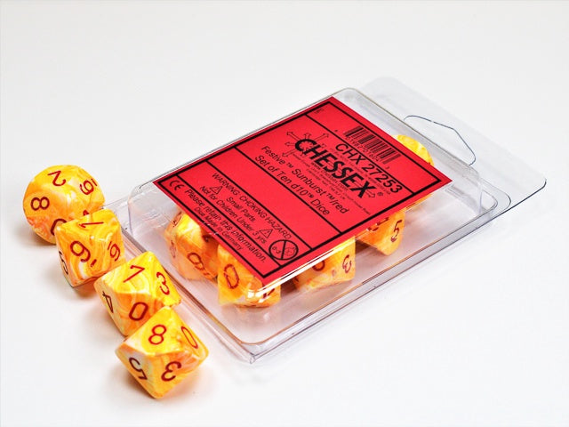 Festive 10 * D10 Sunburst / Red Chessex Dice (CHX27253)