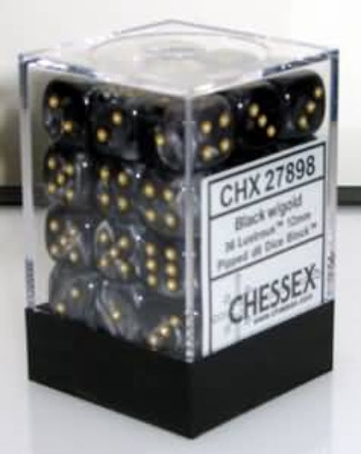 Lustrous 36 * D6 Black / Gold 12mm Chessex Dice (CHX27898)