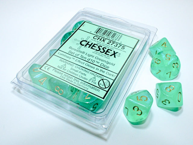 Borealis 10 * D10 Light Green / Gold Luminary Chessex Dice (CHX27375)