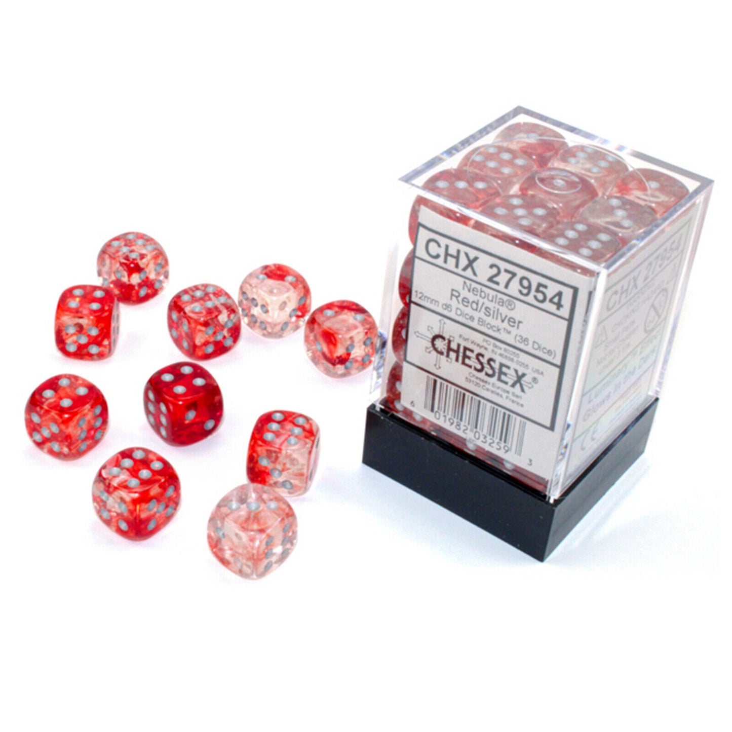 Nebula 36 * D6 Red / Silver Luminary 12mm Chessex Dice (CHX27954)