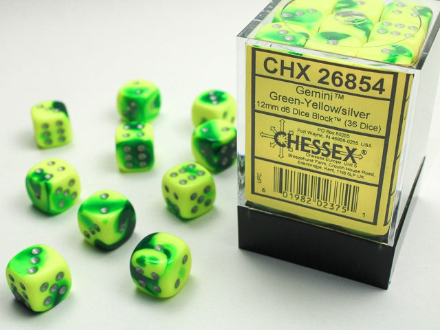 Gemini 36 * D6 Green-Yellow / Silver 12mm Chessex Dice (CHX26854)