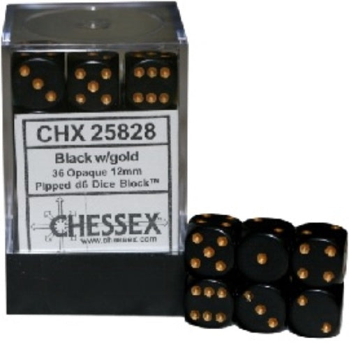 Opaque 36 * D6 Black / Gold 12mm Chessex Dice (CHX25828)