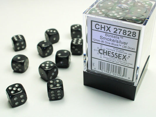 Borealis 36 * D6 Smoke Silver 12mm Chessex Dice (CHX27828*)