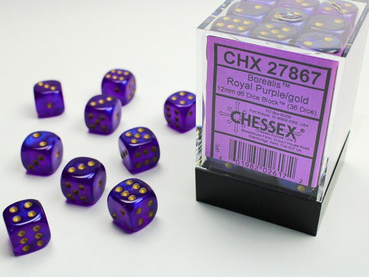 Borealis 36 * D6 Royal Purple / Gold 12mm Chessex Dice (CHX27867)