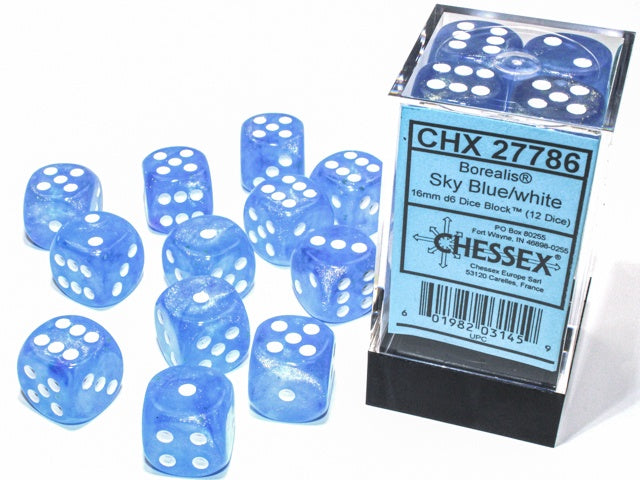 Borealis 12 * D6 Sky Blue / White 16mm Luminary Chessex Dice (CHX27786)