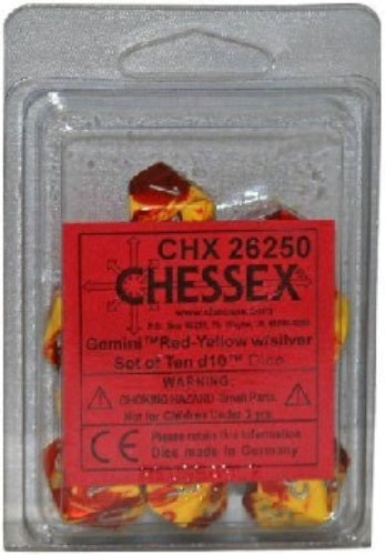 Gemini 10 * D10 Red-Yellow / Silver Chessex Dice (CHX26250)