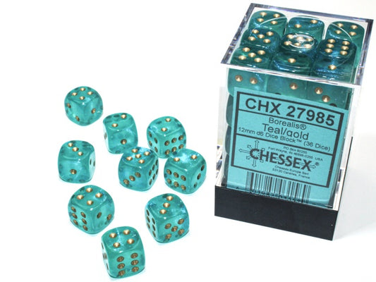 Borealis 36 * D6 Teal / Gold 12mm Luminary Chessex Dice (CHX27985)