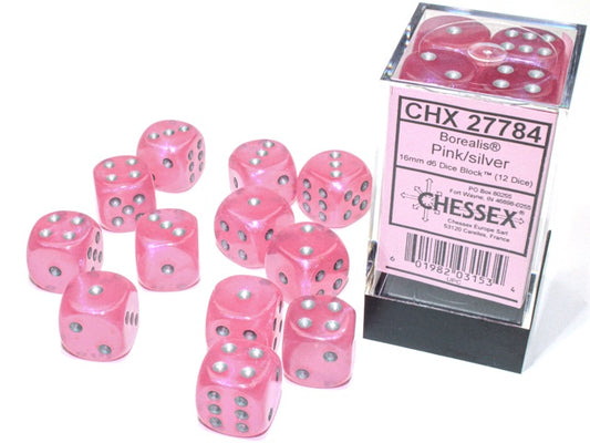 Borealis 12 * D6 Pink / Silver 16mm Luminary Chessex Dice (CHX27784)