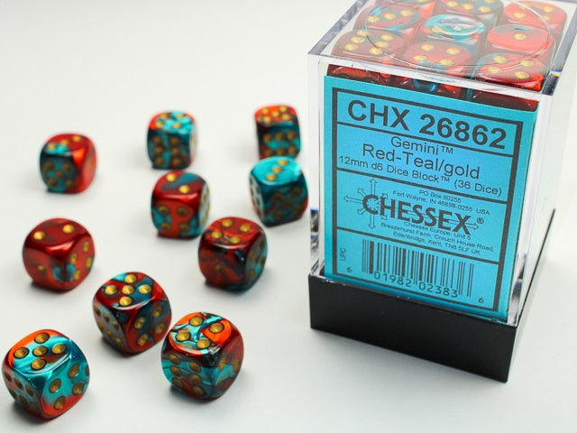 Gemini 36 * D6 Red-Teal / Gold 12mm Chessex Dice (CHX26862)