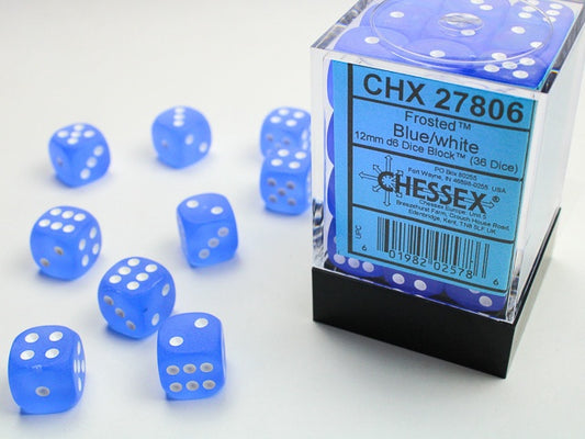 Frosted 36 * D6 Blue / White 12mm Chessex Dice (CHX27806)