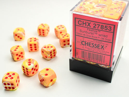 Festive 36 * D6 Sunburst / Red 12mm  Chessex Dice (CHX27853)