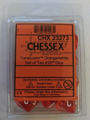 Translucent 10-Die Set D10 Orange W / White Chessex Dice (CHX23273)