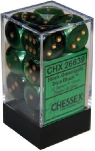 Gemini 12 * D6 Black-Green / Gold 16mm Chessex Dice (CHX26639)