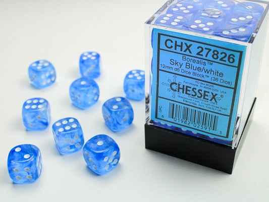 Borealis 36 * D6 Sky Blue / White 12mm Chessex Dice (CHX27826)