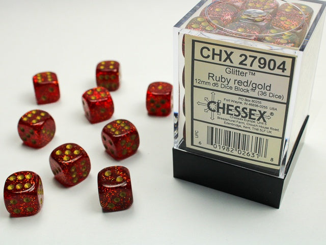 Glitter 36 * D6 Ruby / Gold 12mm Chessex Dice (CHX27904)