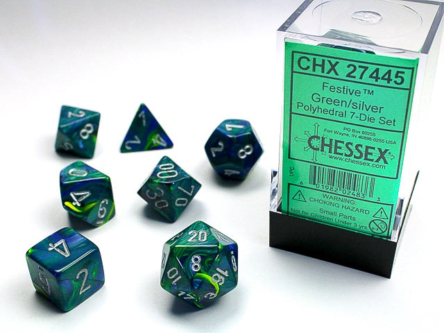 Festive 7-Die Set Green / Silver Chessex Dice (CHX27445)