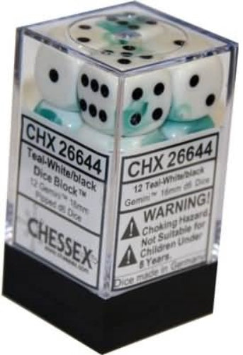 Gemini 12 * D6 Teal-White / Black 16mm Chessex Dice (CHX26644)
