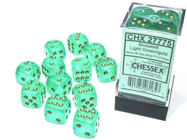 Borealis 12 * D6 Light Green / Gold 16mm Luminary Chessex Dice (CHX27775)