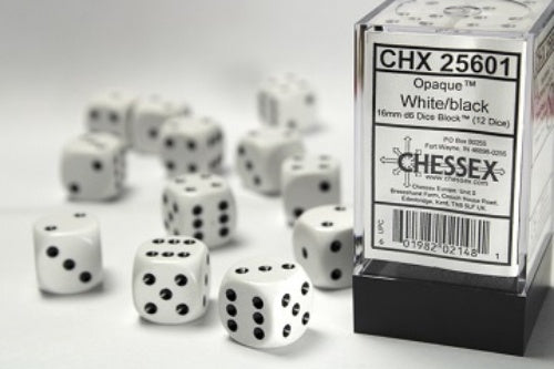 Opaque 12 * D6 White / Black 16mm Chessex Dice (CHX25601)