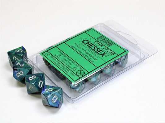 Festive 10 * D10 Green / Silver Chessex Dice (CHX27245)