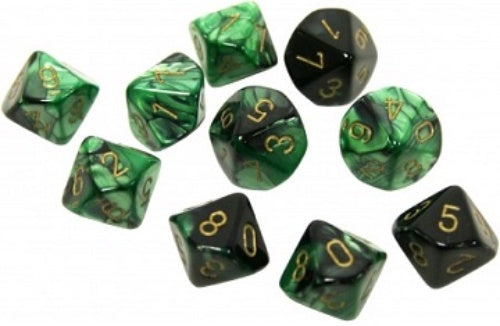 Gemini 10 * D10 Black-Green / Gold Chessex Dice (CHX26239)