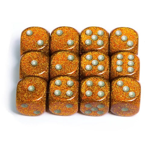 Glitter 12 * D6 Gold / Silver 16mm Chessex Dice (CHX27703)