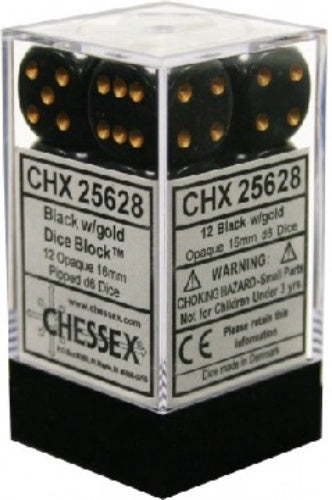 Opaque 12 * D6 Black / Gold 16mm Chessex Dice (CHX25628)