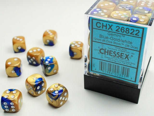 Gemini 36 * D6 Blue-Gold / White 12mm Chessex Dice (CHX26822)