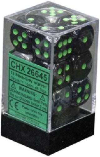 Gemini 12 * D6 Black-Grey / Green 16mm Chessex Dice (CHX26645)