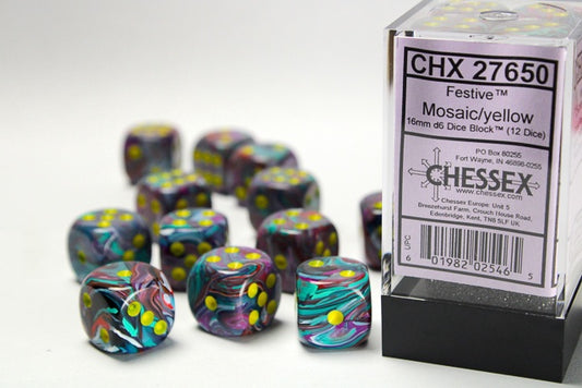 Festive 12 * D6 Mosaic / Yellow 16mm Chessex Dice (CHX27650)