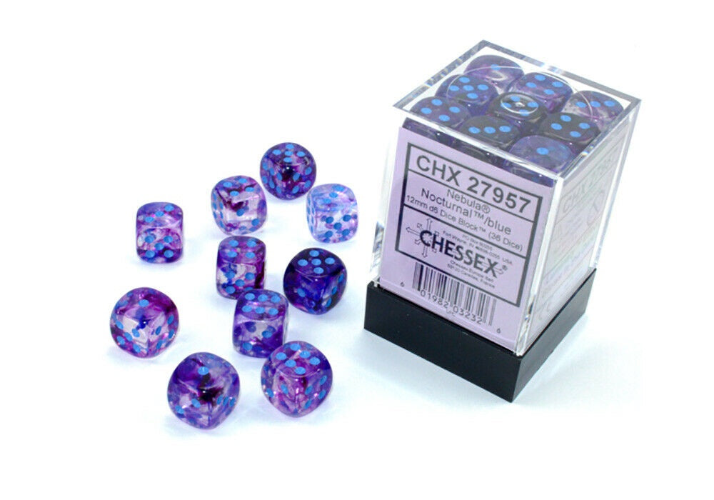 Nebula 36 * D6 Nocturnal / Blue Luminary 12mm Chessex Dice (CHX27957)