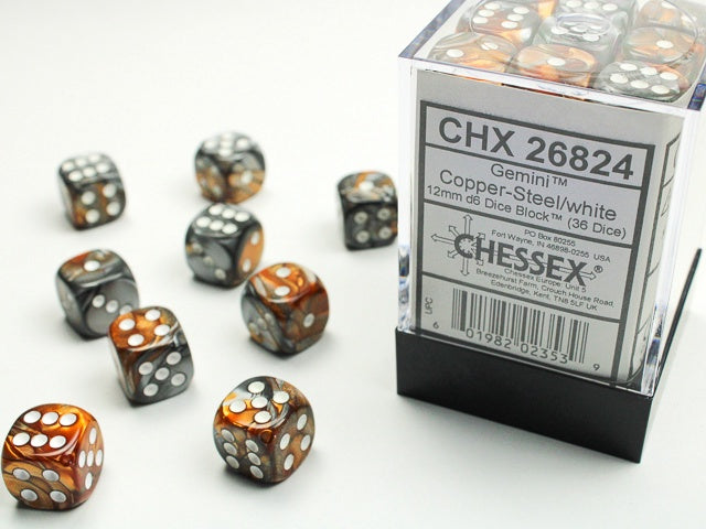 Gemini 36 * D6 Copper-Steel / White 12mm Chessex Dice (CHX26824)