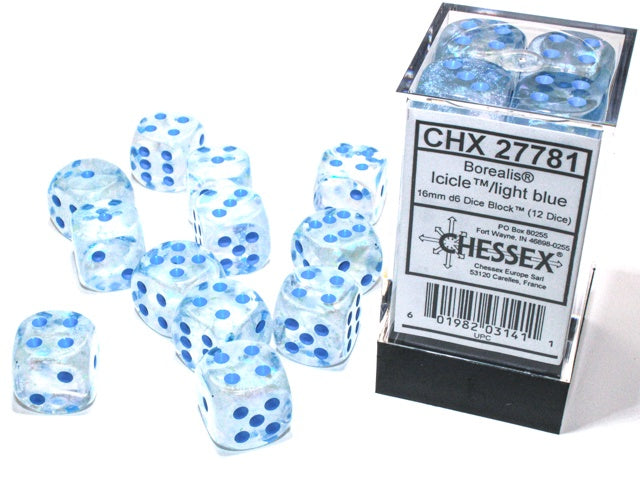 Borealis 12 * D6 Icicle / Light Blue 16mm Luminary Chessex Dice (CHX27781)